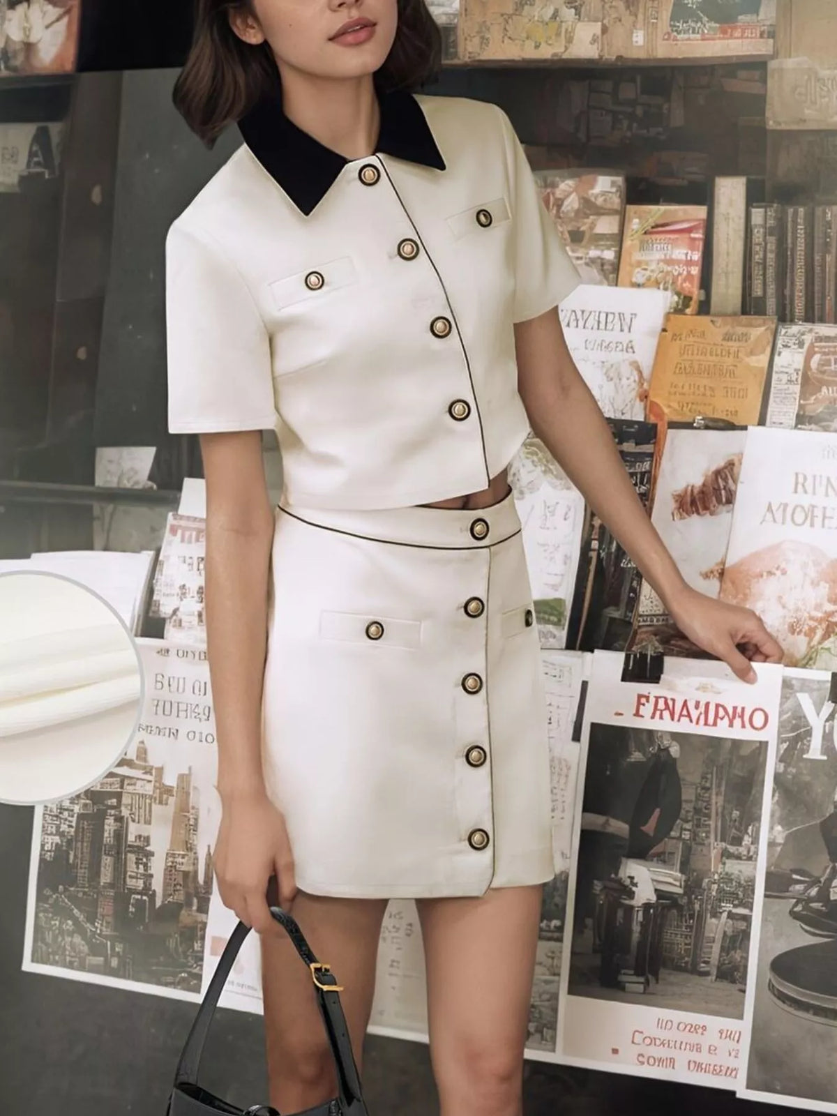 White Contrast Collar Cropped Top and Mini Skirt Set front view