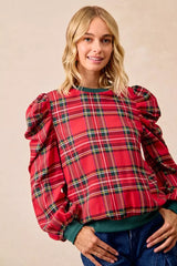 Trendsi BiBi Christmas Plaid Exaggerated Shoulder Sleeves Top -