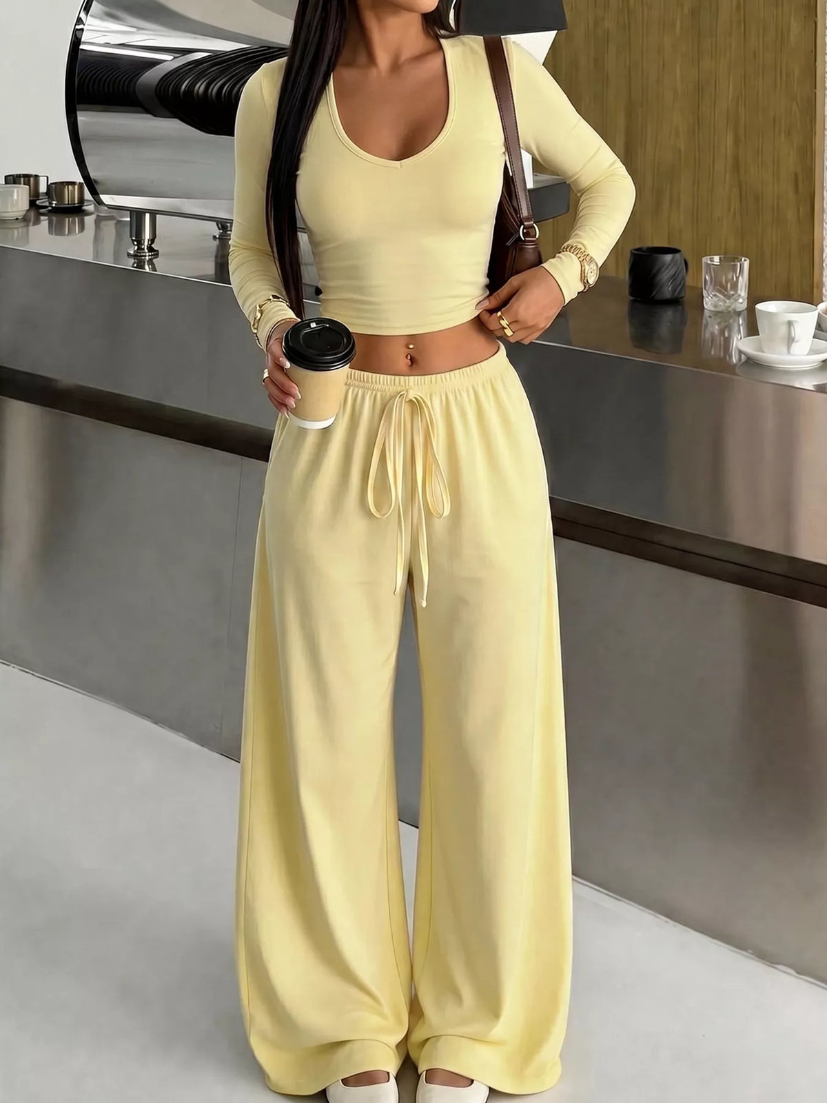 Crop Top and Wide-Leg Pant Set in yellow, front view