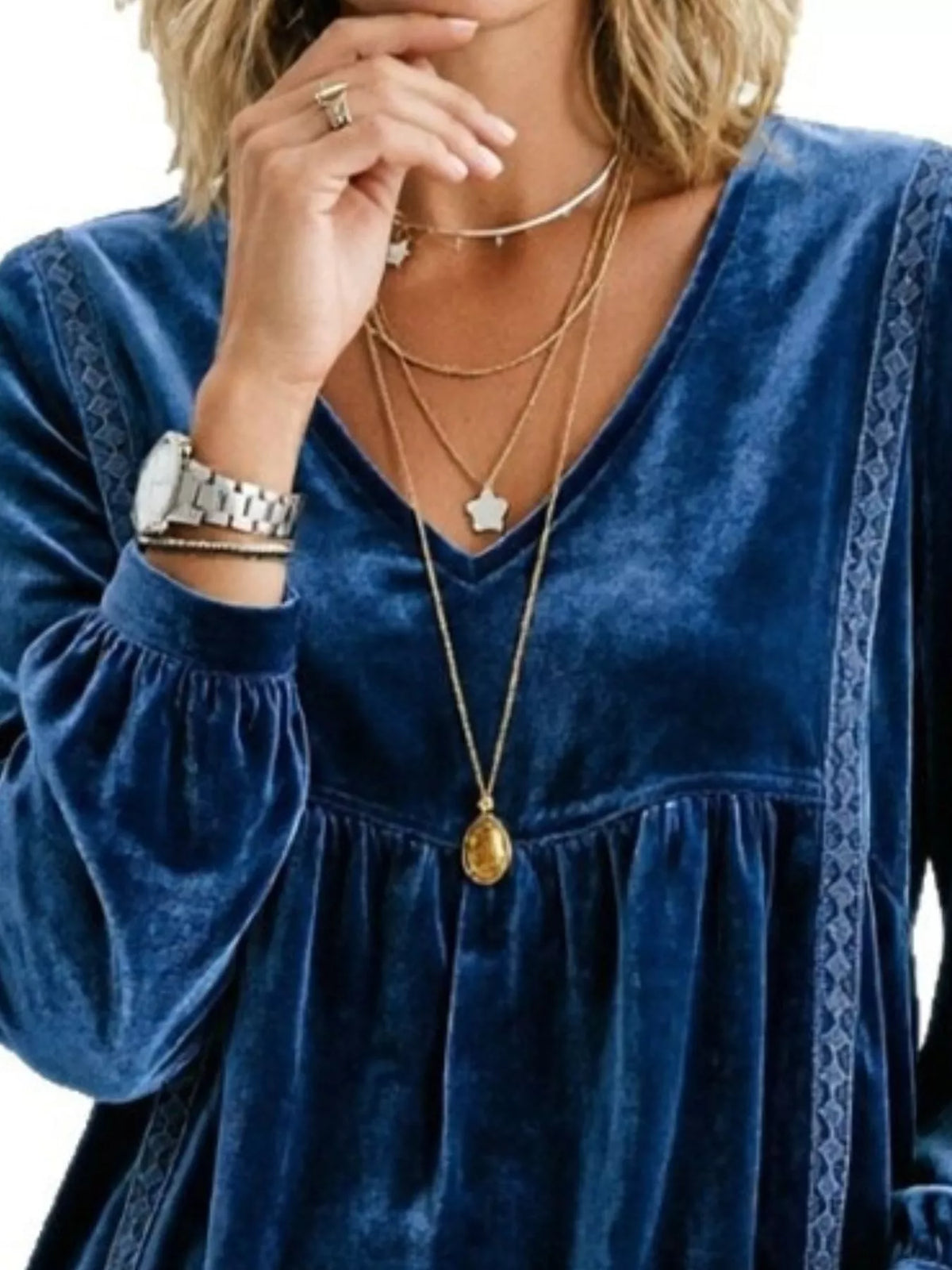 Women's V-Neck Long-Sleeve Velvet Blouse with Lace Trim — alternate view 4