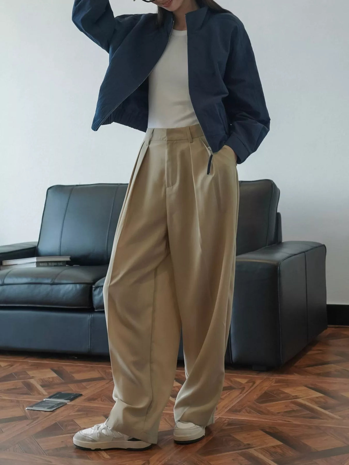 Women's High-Waisted Pleated Wide-Leg Pants in beige — front view