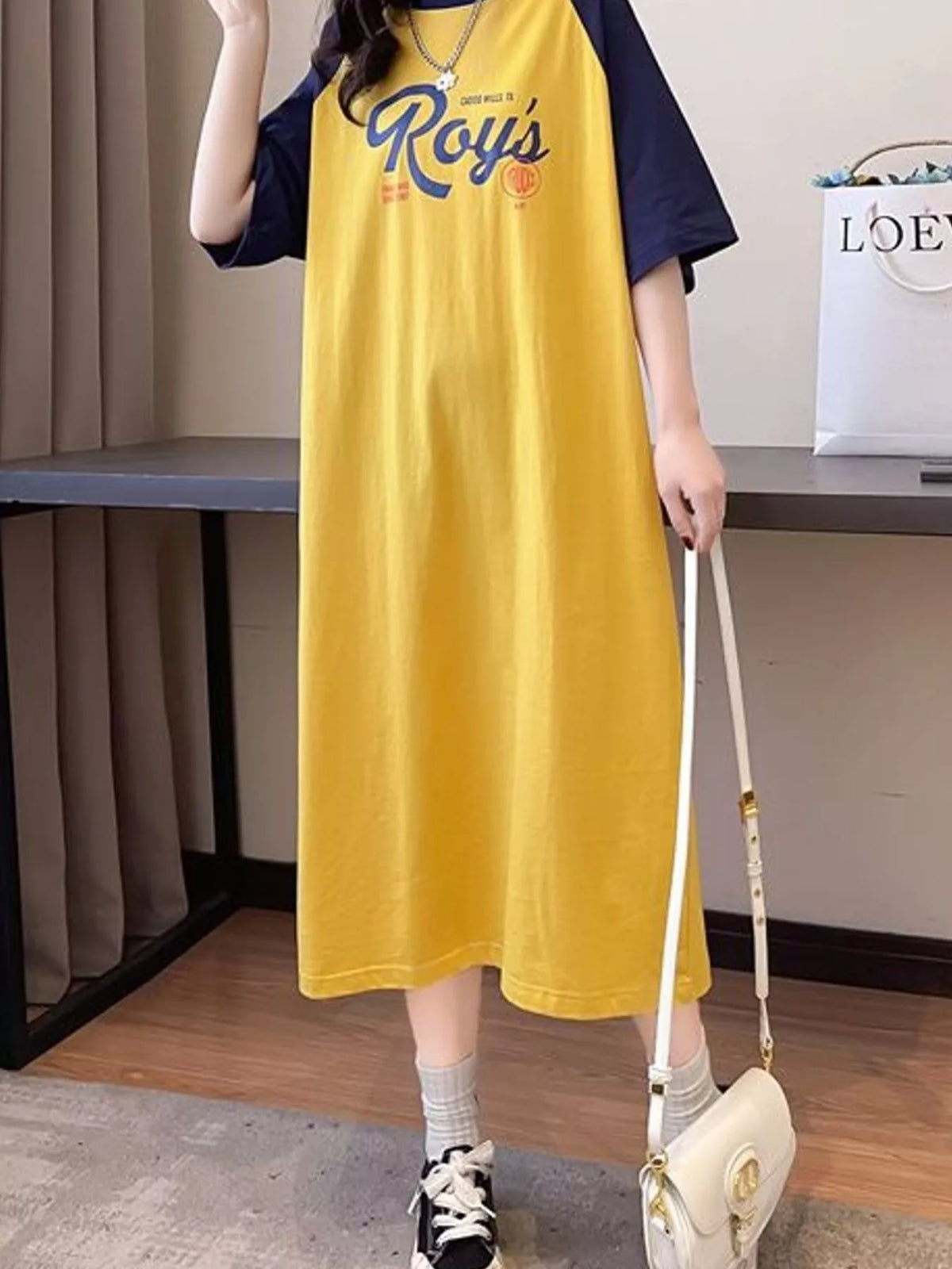 Color-Block Raglan Sleeve Letter Graphic T-Shirt Dress in yellow and navy blue