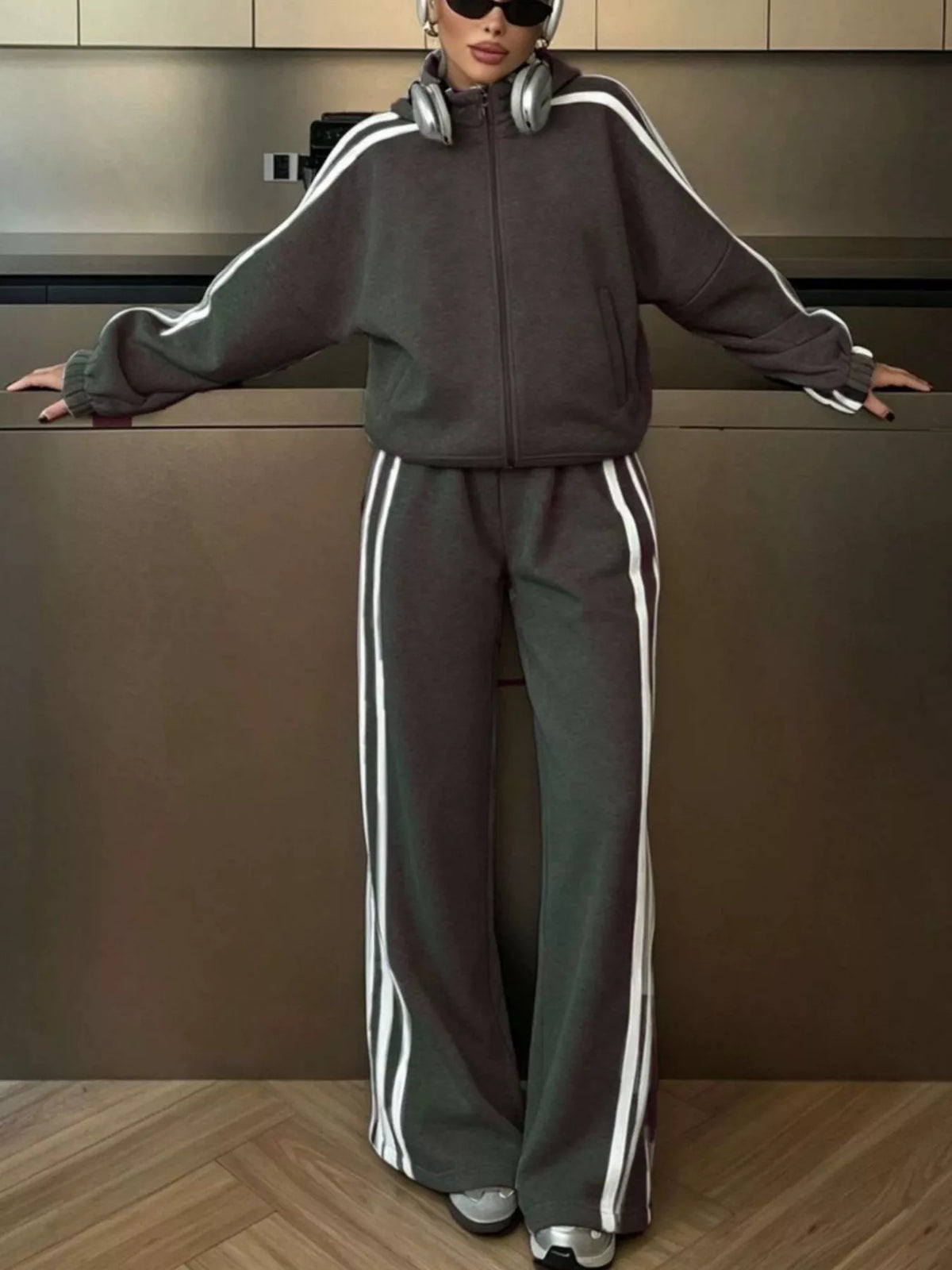Trendsi Side Stripes Zip Up Top and Pants Set -