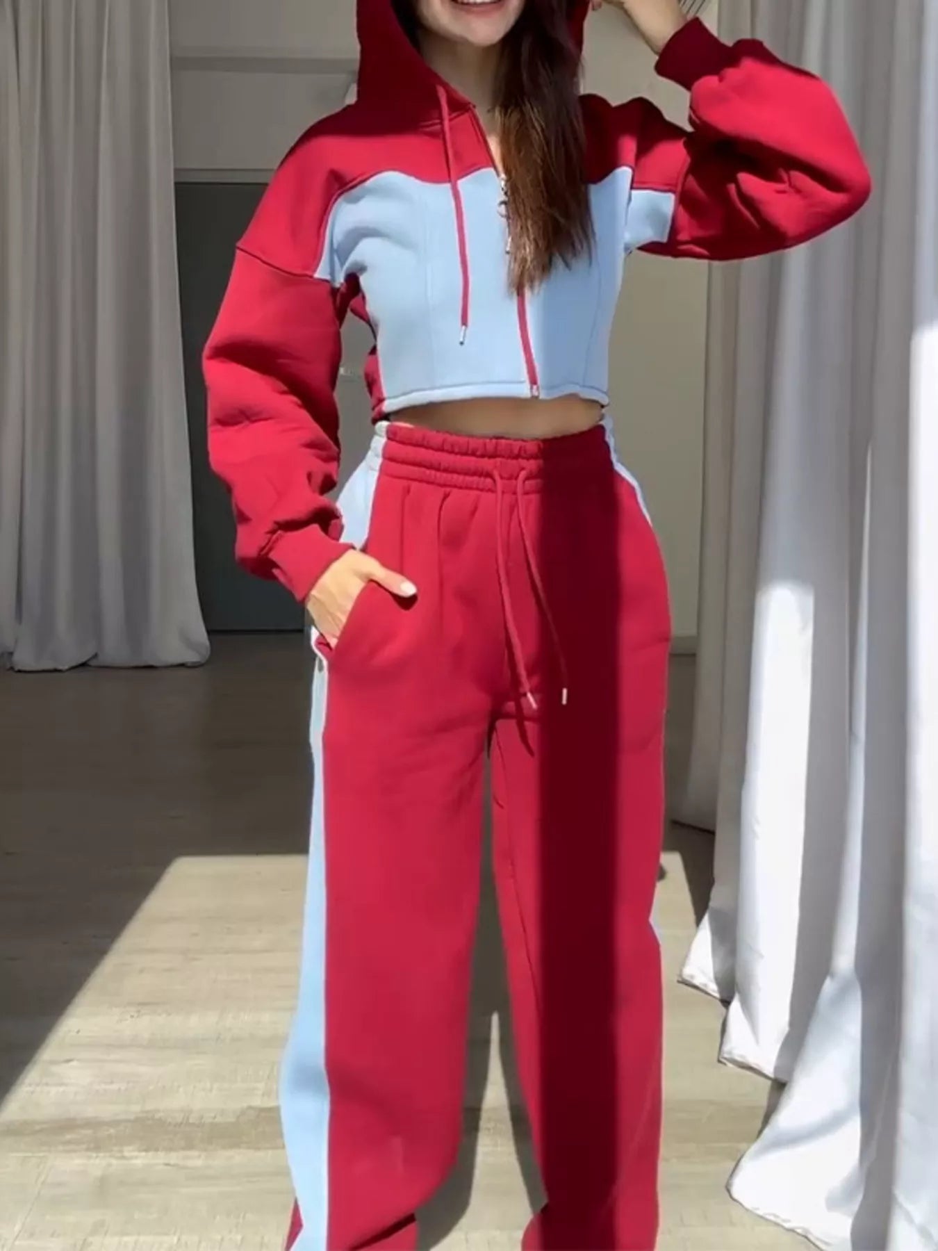 Trendsi Color-Block Zip-Up Crop Hoodie and Joggers Set -