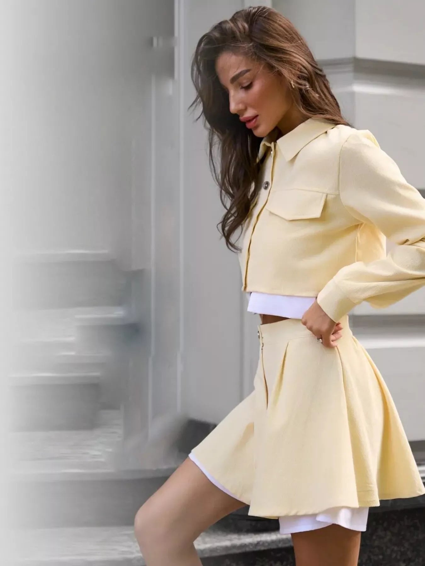 Trendsi Button Up Cropped Jacket and Mini Skirt Set -