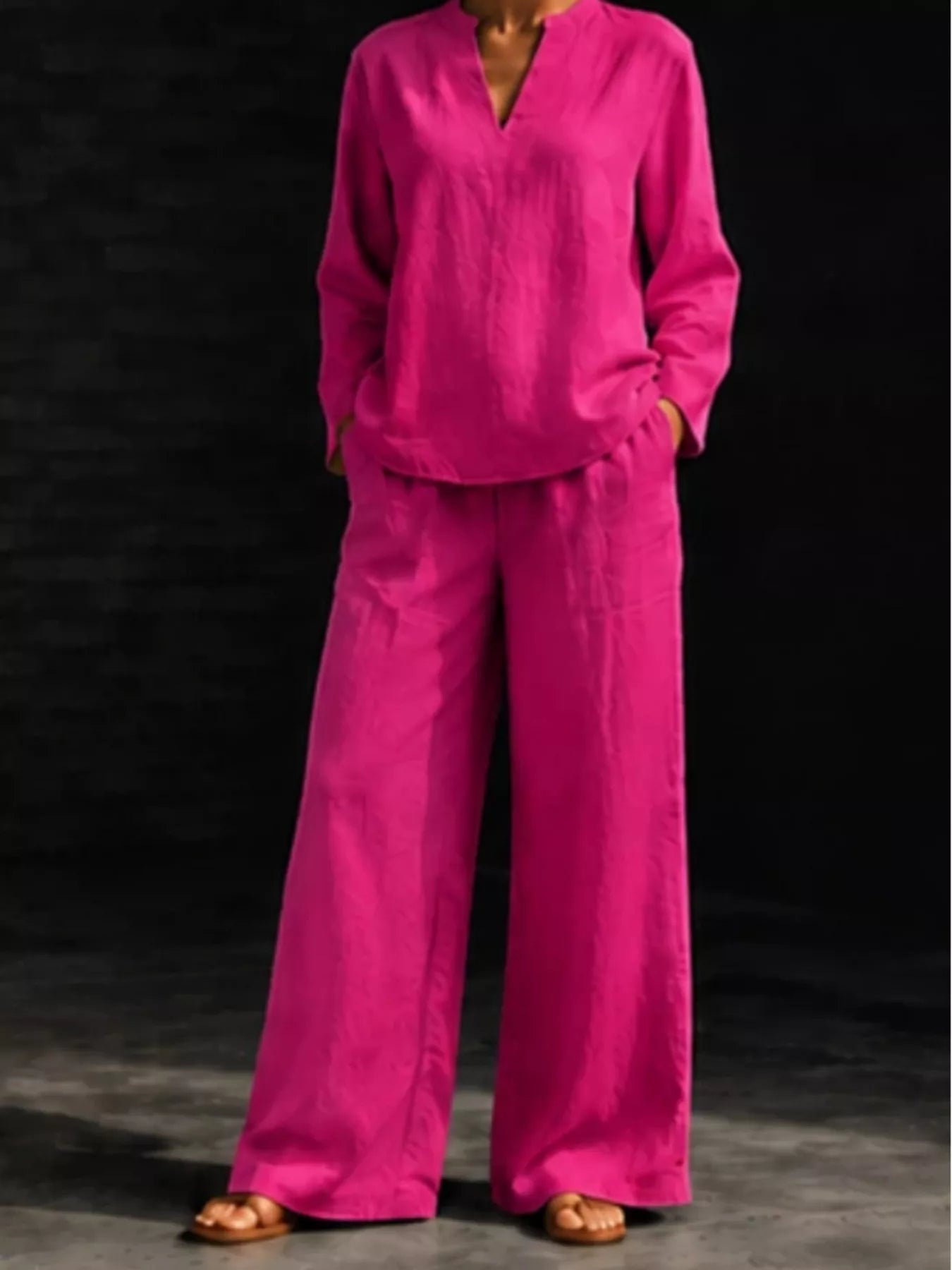 Trendsi Notched Long Sleeve Top and Pants Set -