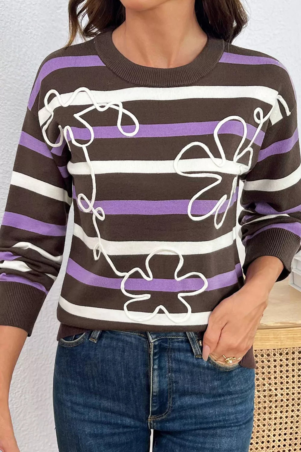 Trendsi Stripe Embroidered Detail Drop Shoulder Sweater -