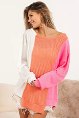 Trendsi BiBi Popcorn Waffle Top with Thermal Color Block Uneven Hem -
