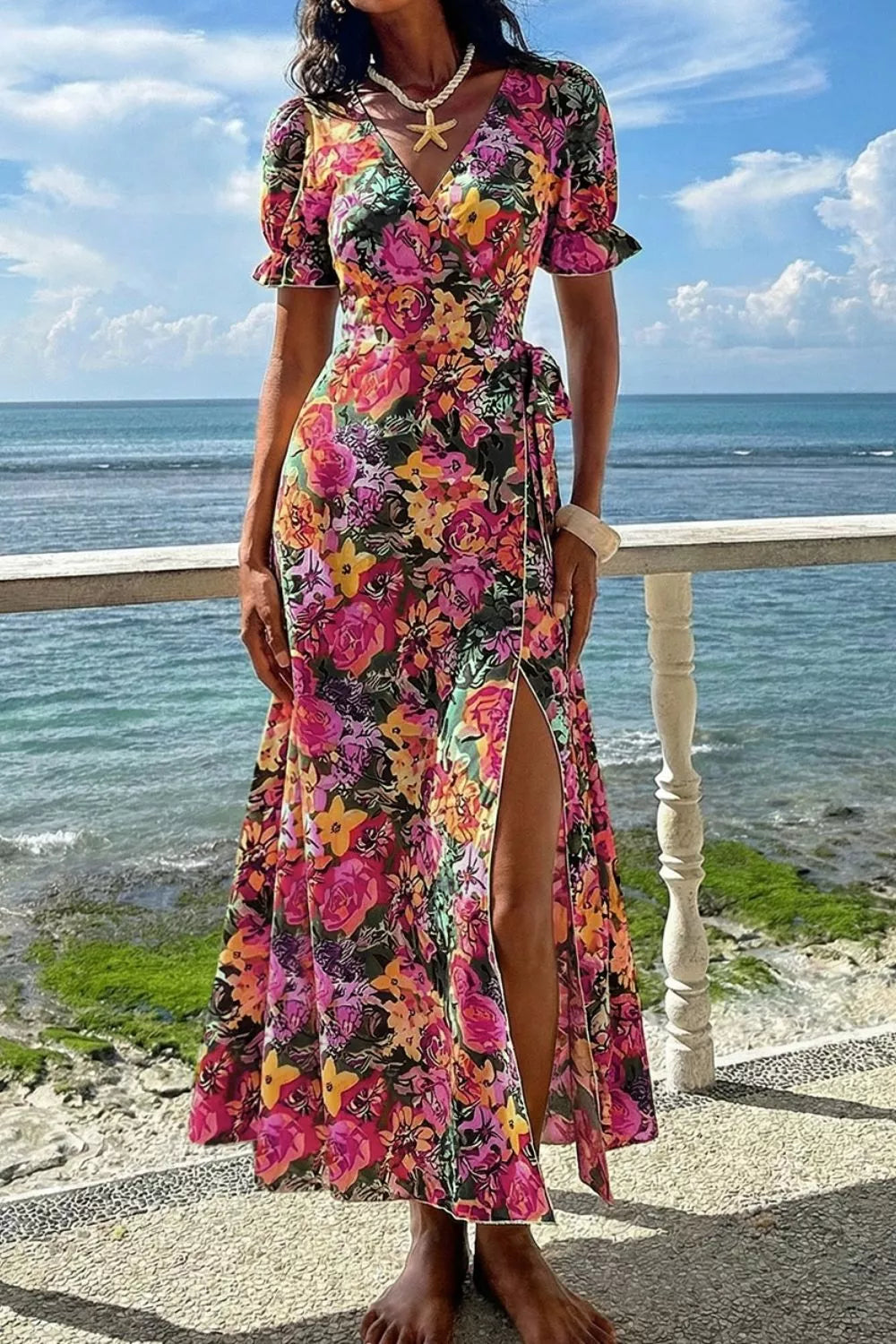 Trendsi Slit Floral Short Sleeve Maxi Dress -