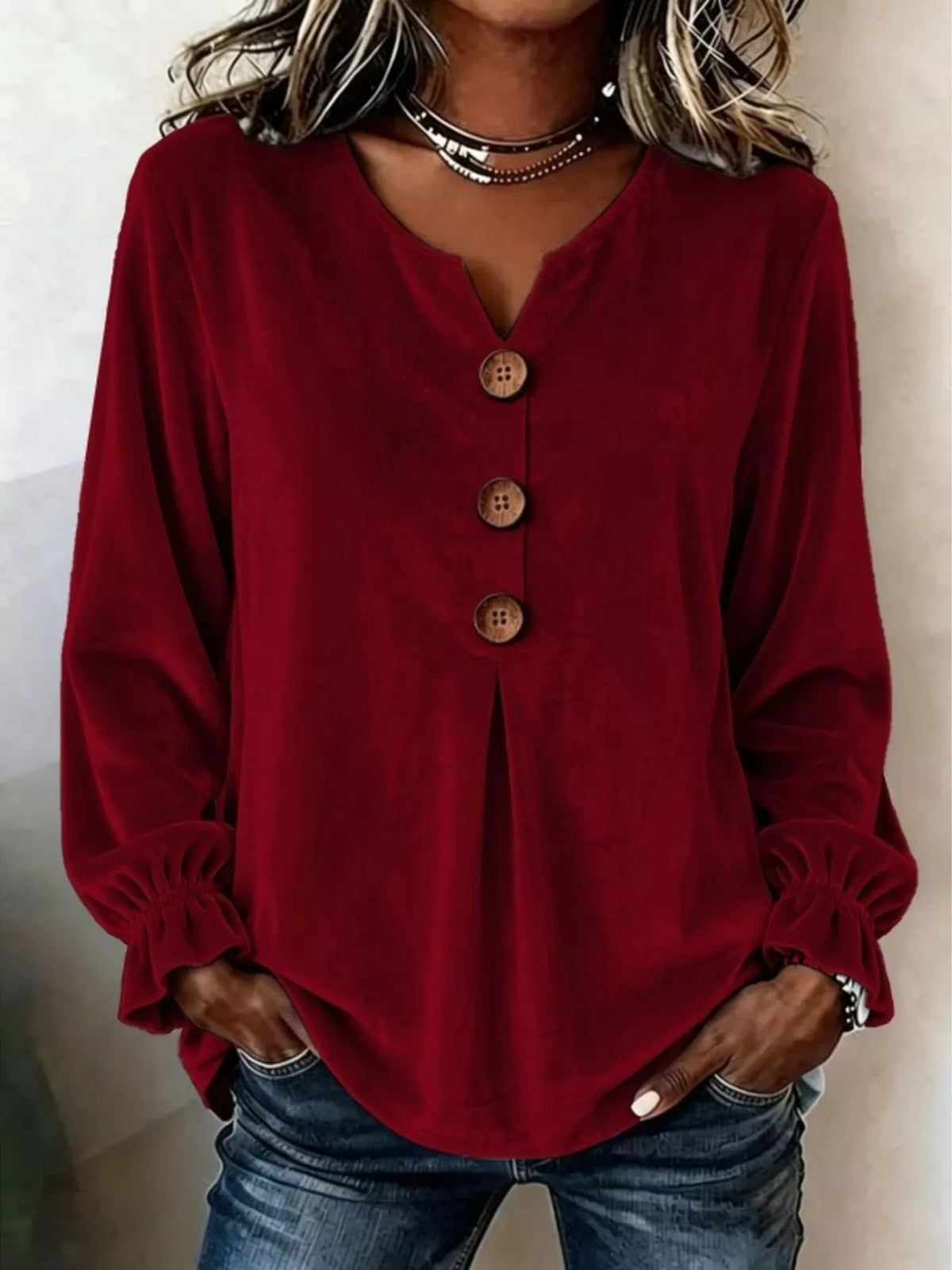 Burgundy velvet balloon-sleeve blouse, front view