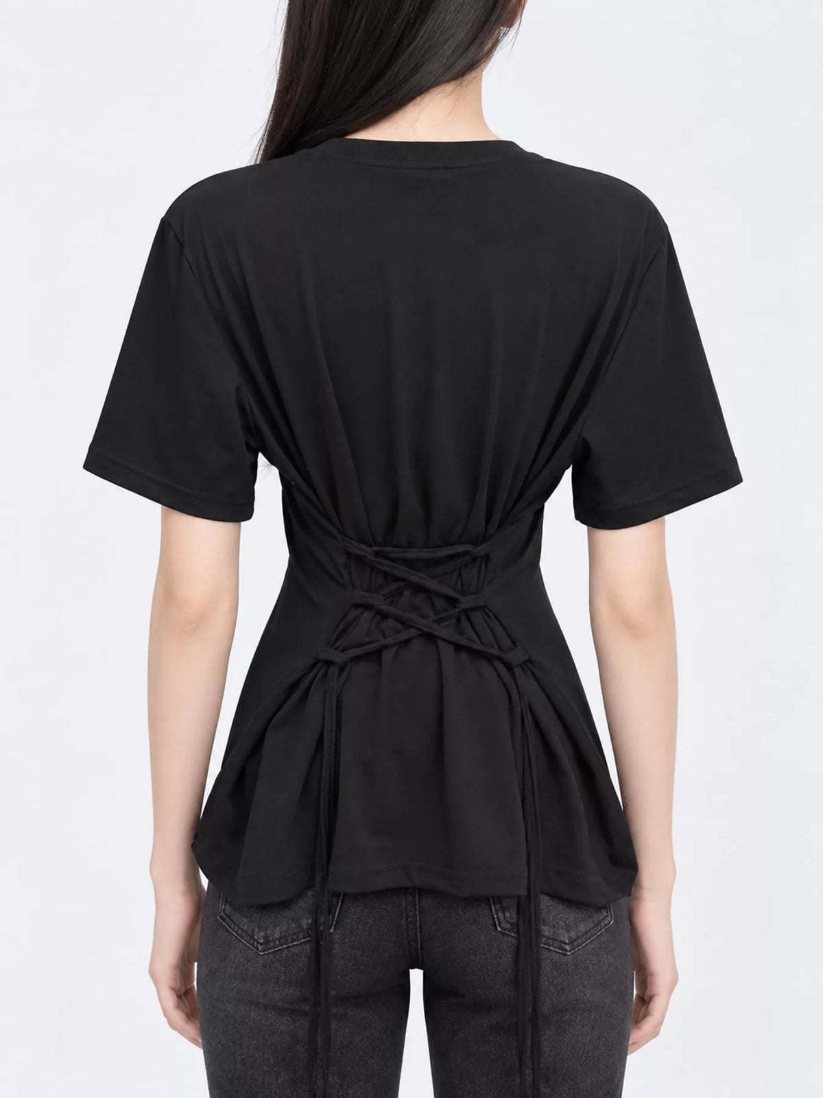 Black tie back round neck short sleeve t shirt, back view