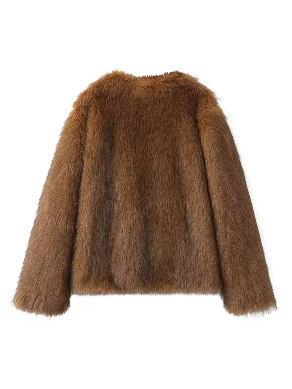 Faux Fur Open-Front Coat, back view in brown