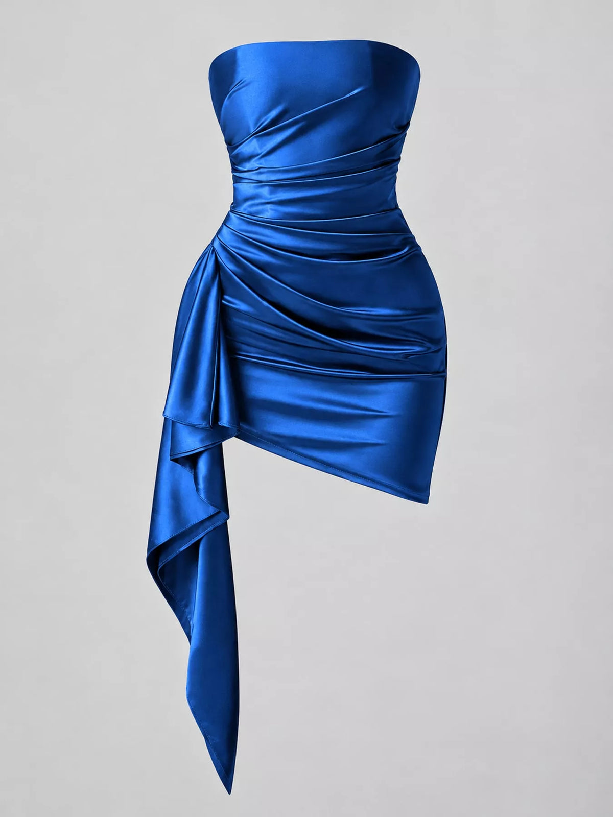 Royal blue strapless ruched asymmetric mini dress, product view