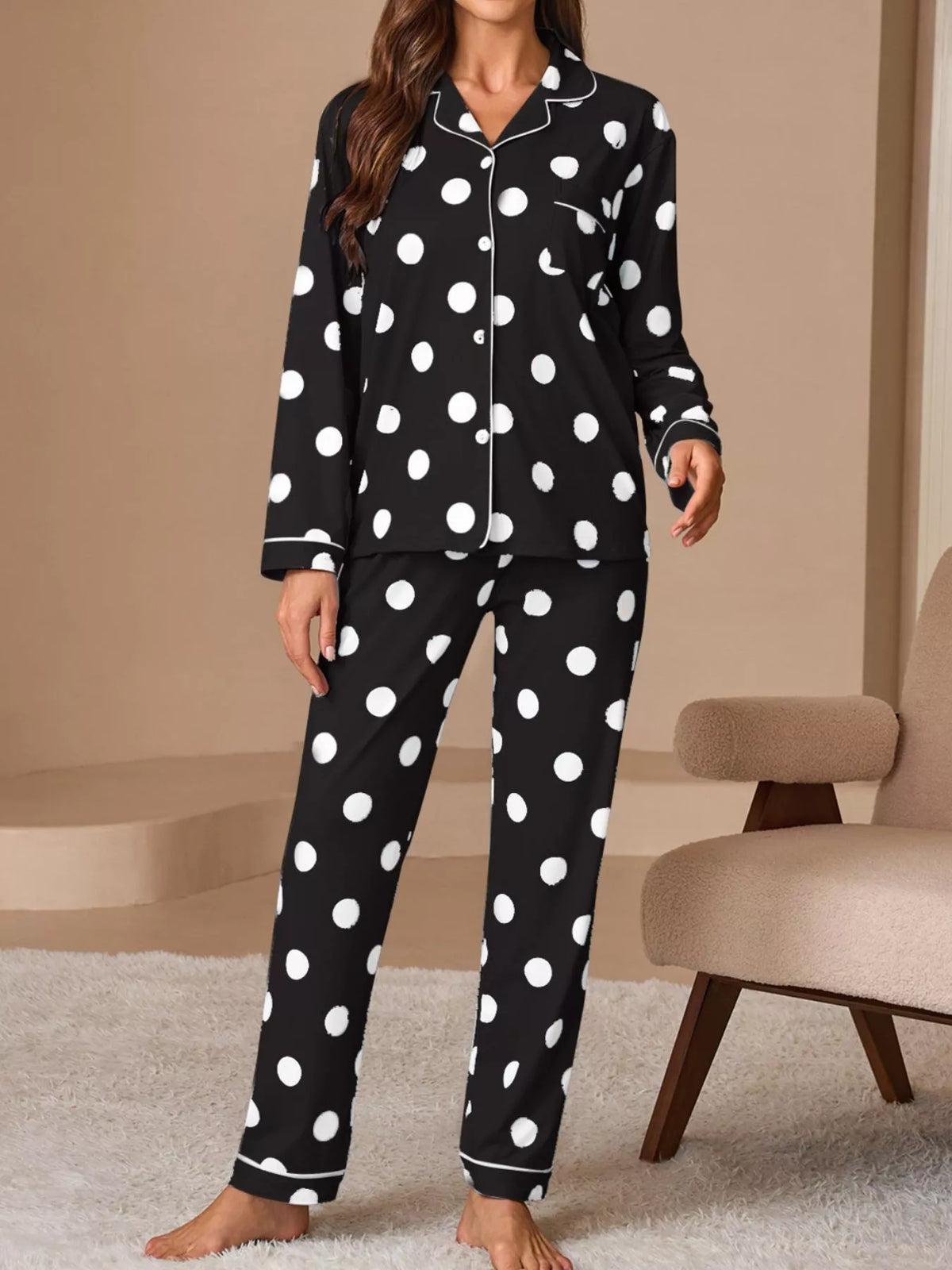 Trendsi Polka Dot Button-Down Top and Pants Lounge Set -