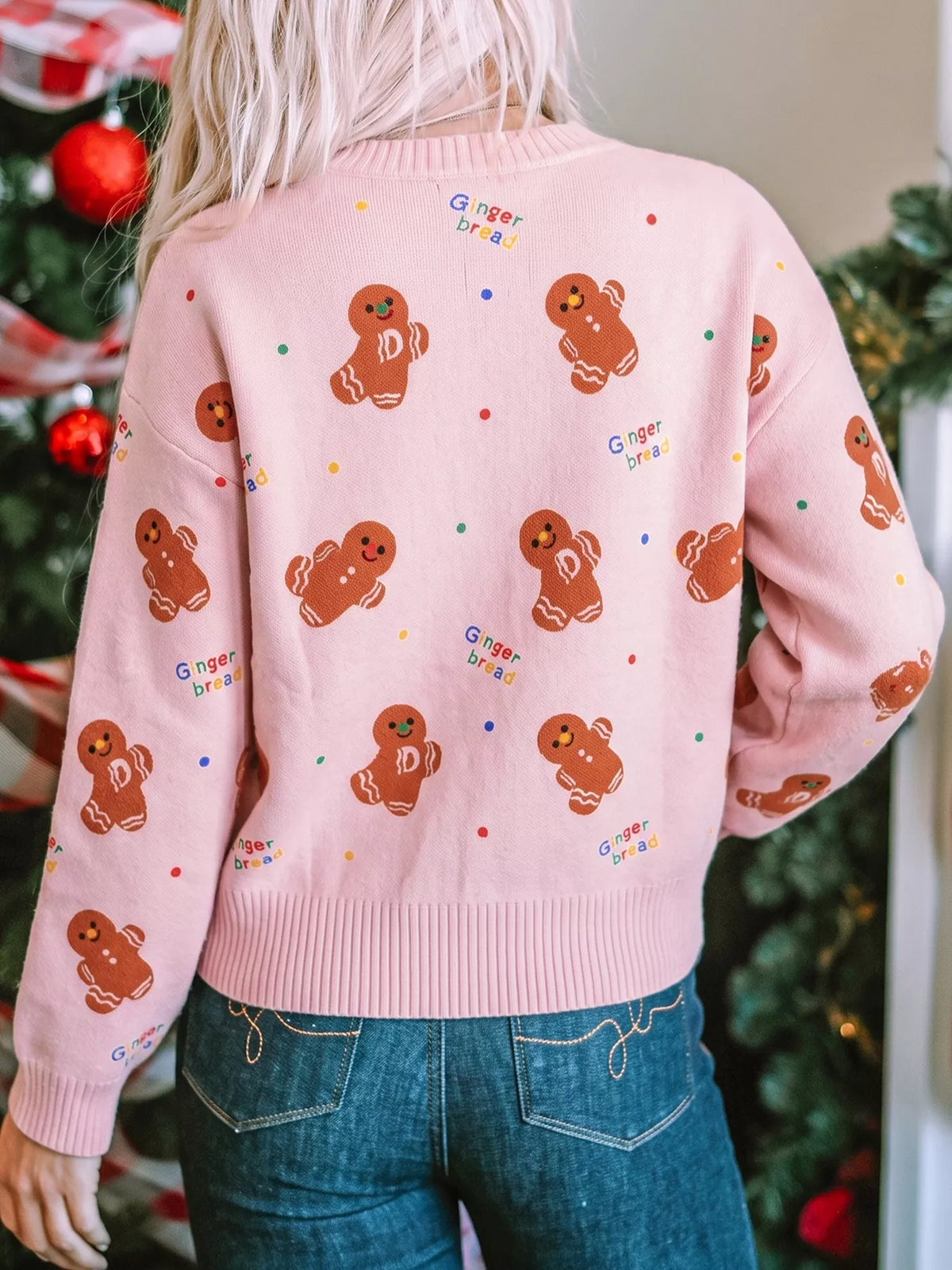 Gingerbread Pattern Long Sleeve Round Neck Sweater in pink, front view