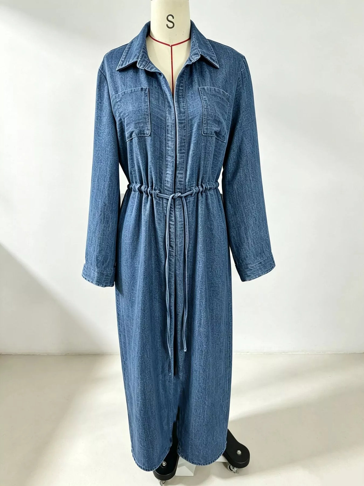 Navy Button-Front Long Sleeve Maxi Shirt Dress full-length view