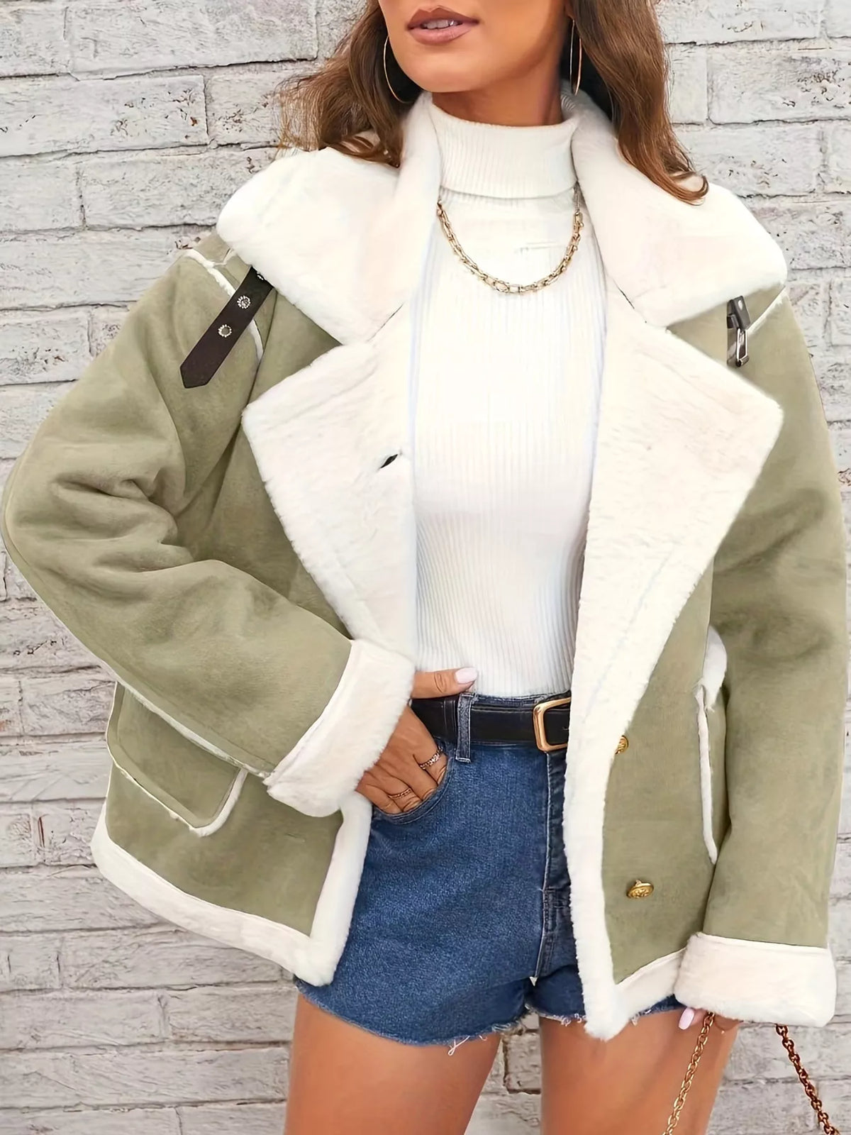 Green plush-lined button-front jacket — front view