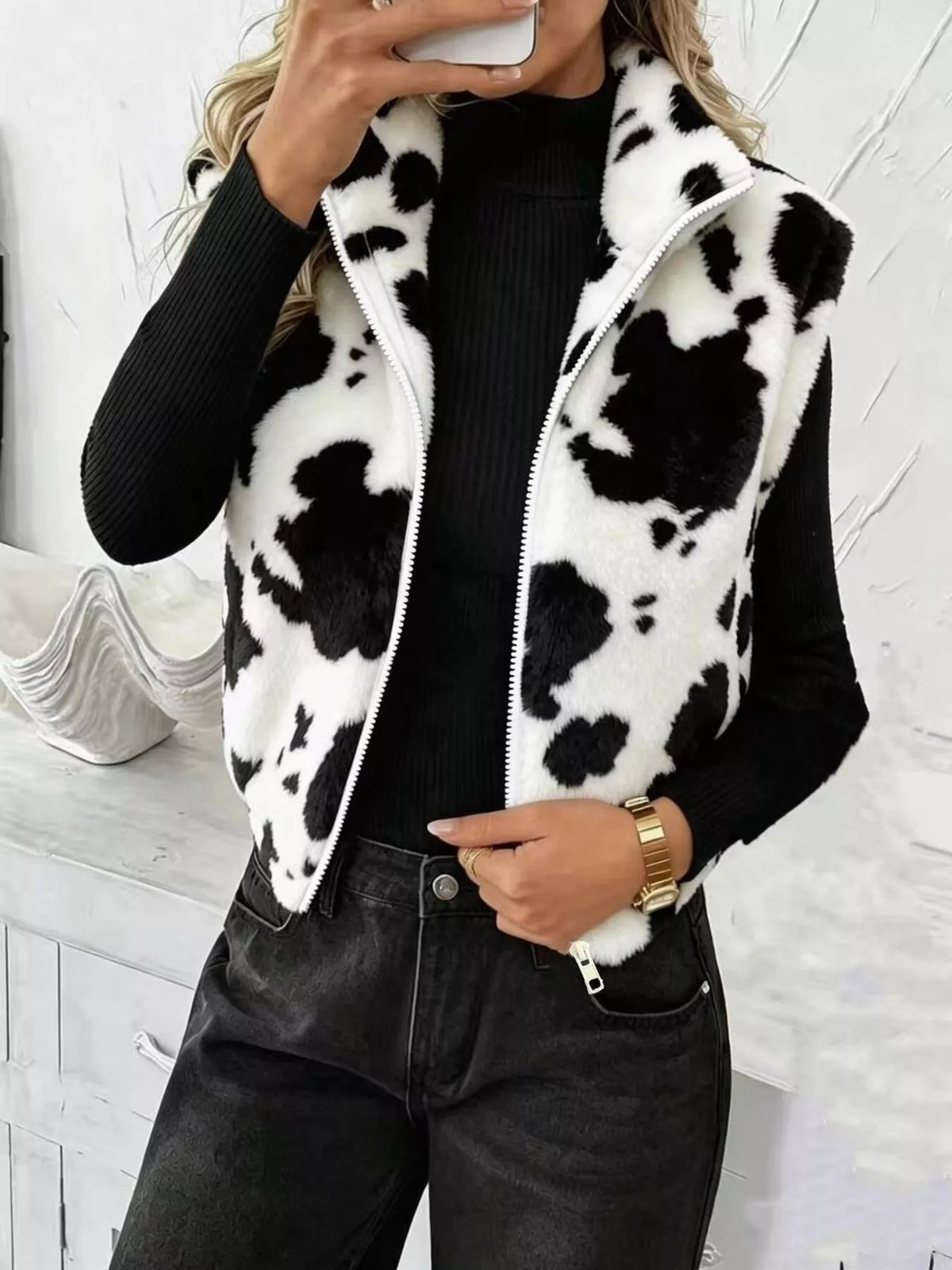 Animal-print vest, black-and-white cow-print vest front