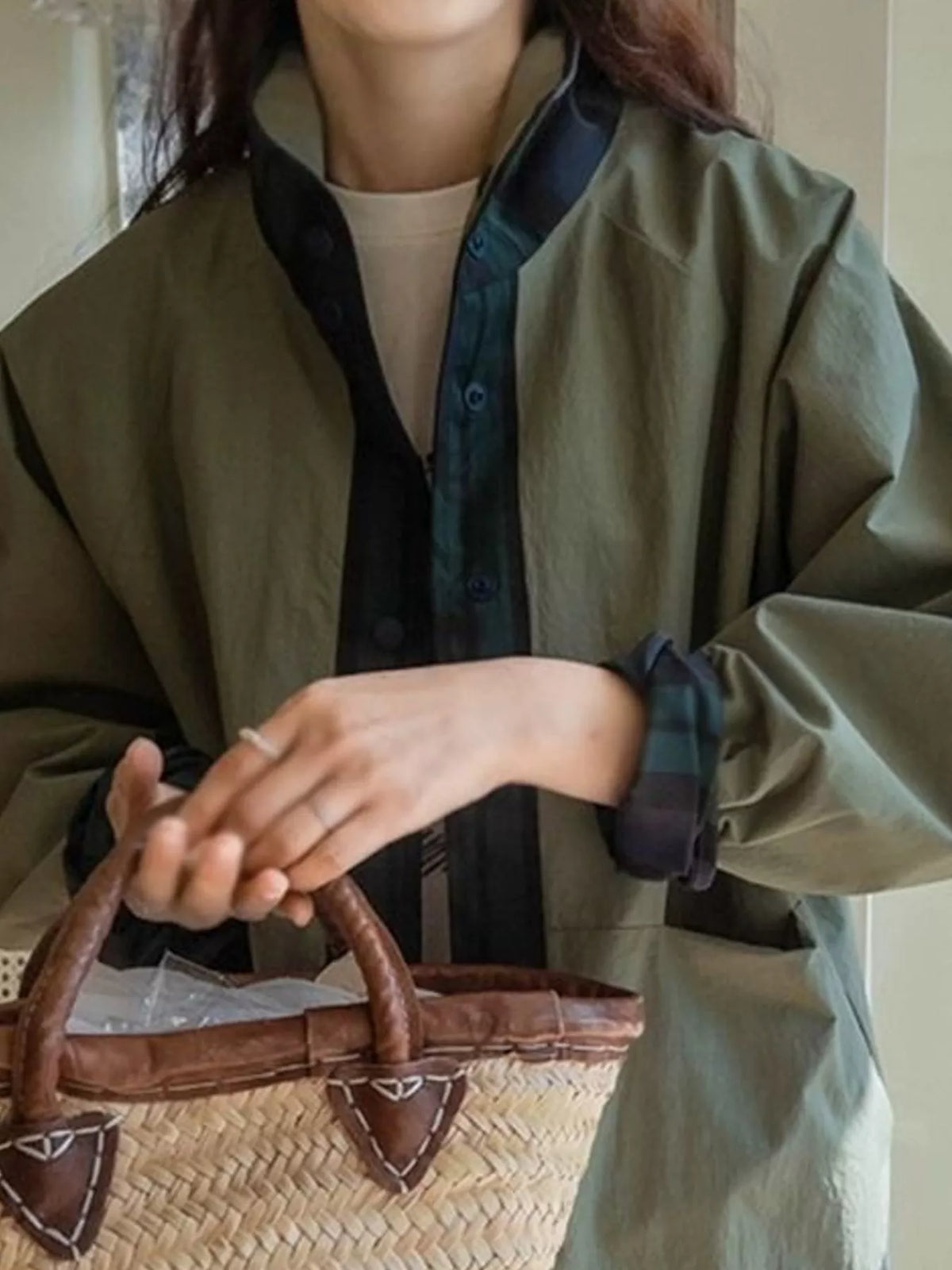 Reversible Jacket with Contrast Plaid Detailing, detail view in khaki