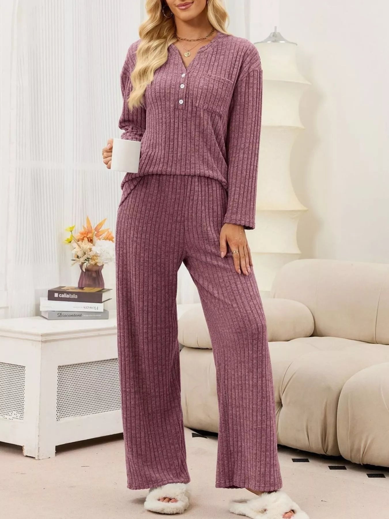 Trendsi Ribbed Knit Top and Wide-Leg Pants Set -