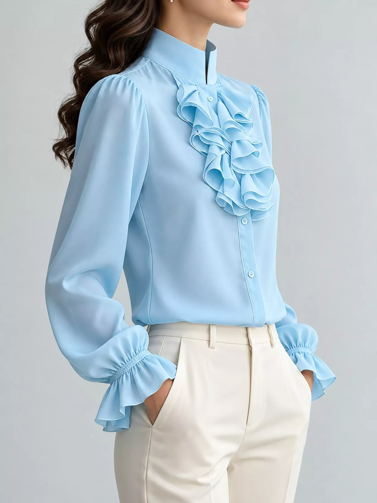 Ruffled Stand-Collar Blouse with Long Lantern Sleeves, side view