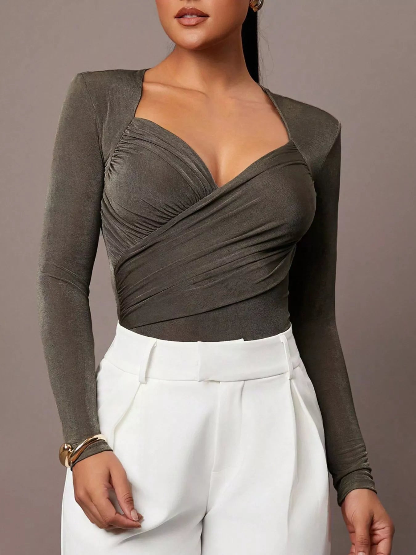 Trendsi Ruched Surplice Long Sleeve Bodysuit -