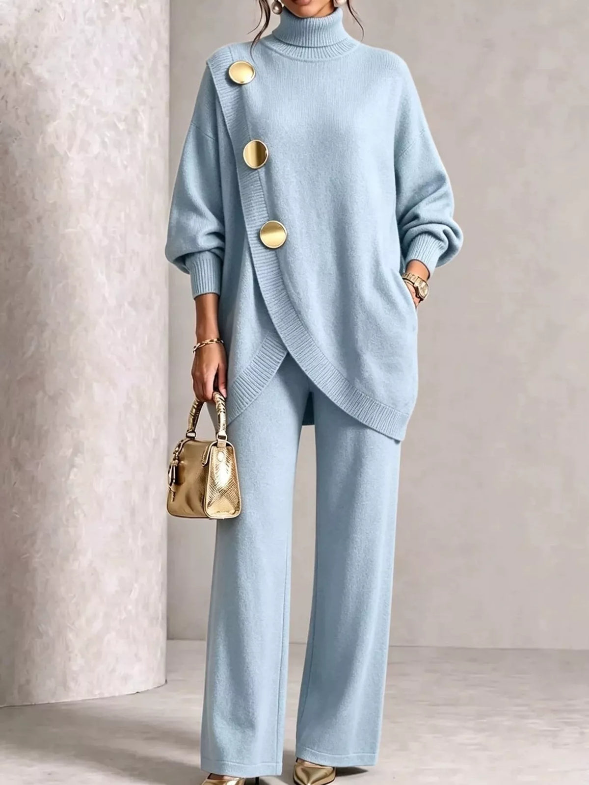 Turtleneck Asymmetric Sweater and Pants Set, front view