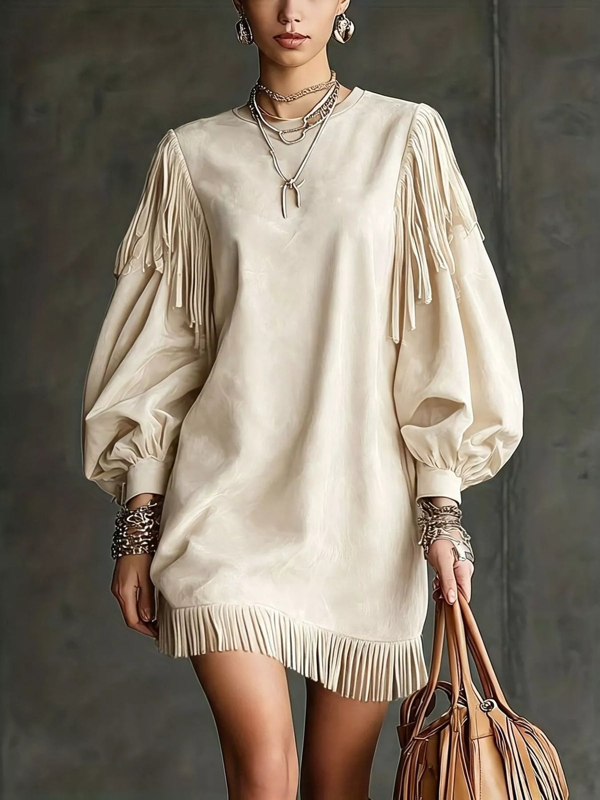 Round neck long sleeve mini dress, front view on model