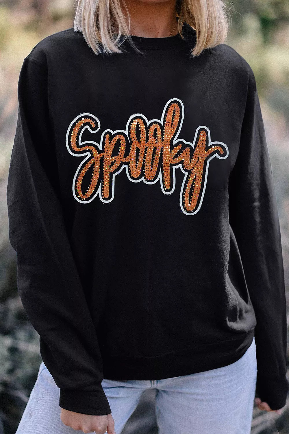 Trendsi Spooky Rhinestone Drop Shoulder Sweatshirt -
