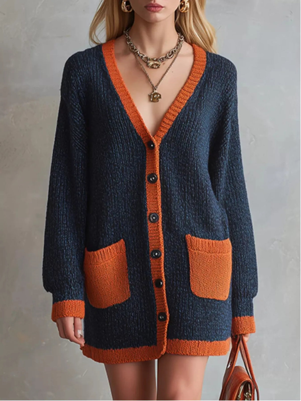 Trendsi Color-Block V-Neck Button-Down Knit Cardigan -