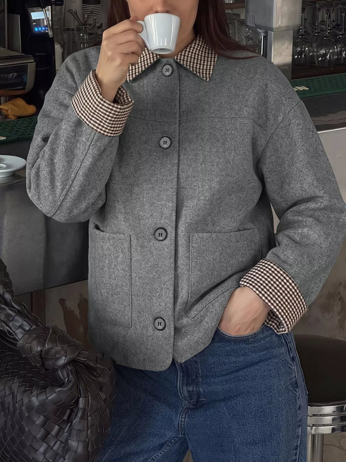 Gray gingham-trim button-down jacket