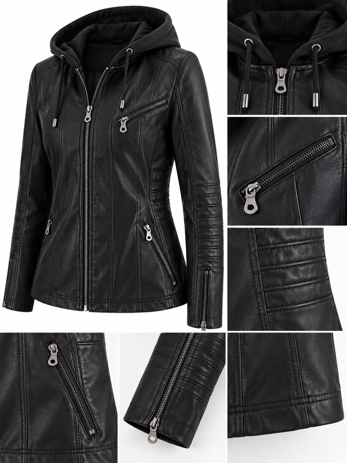 Hooded faux-leather jacket, black zipper pocket sleeve and hood details
