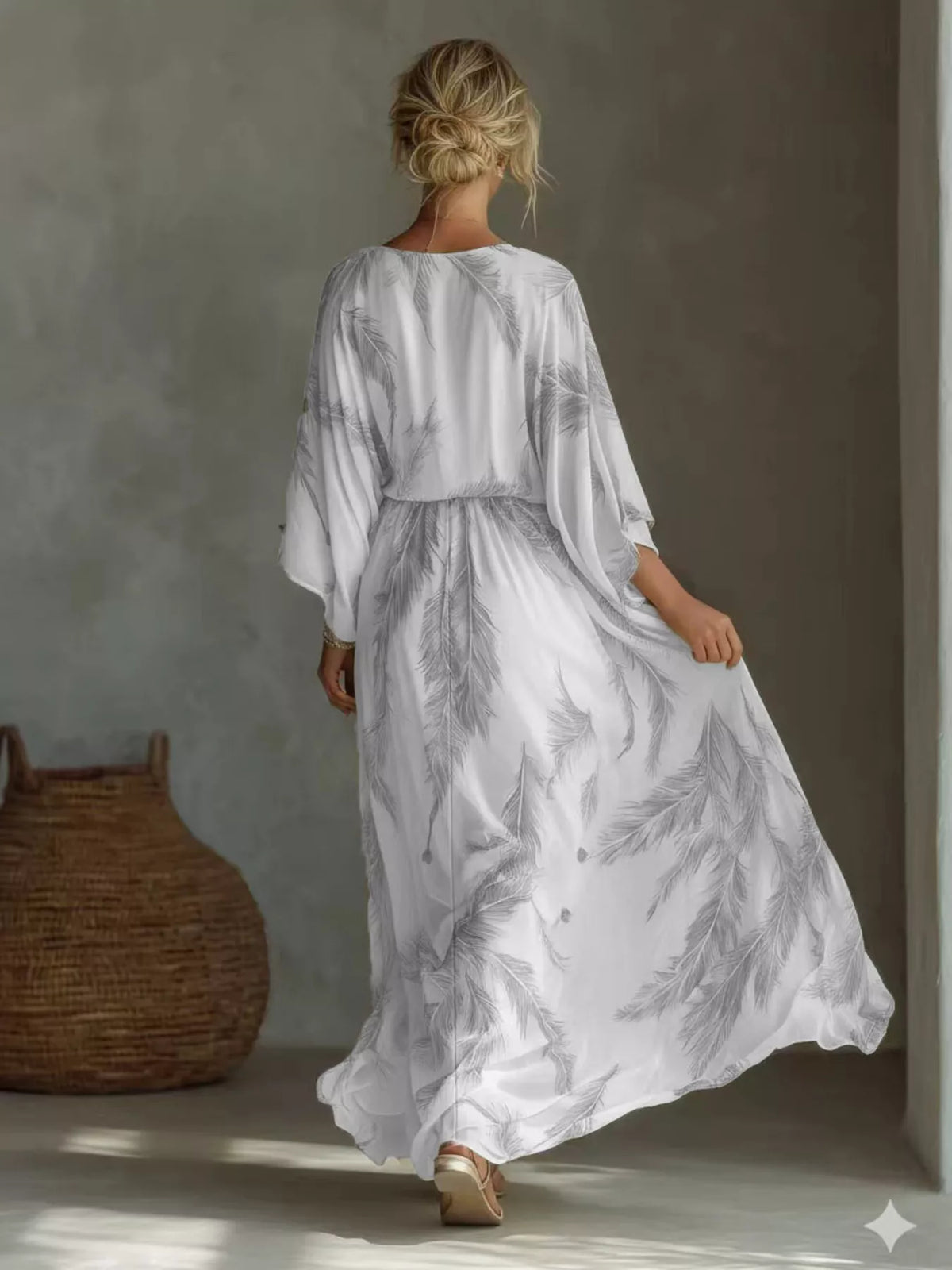 Feather-print V-neck flowy maxi dress