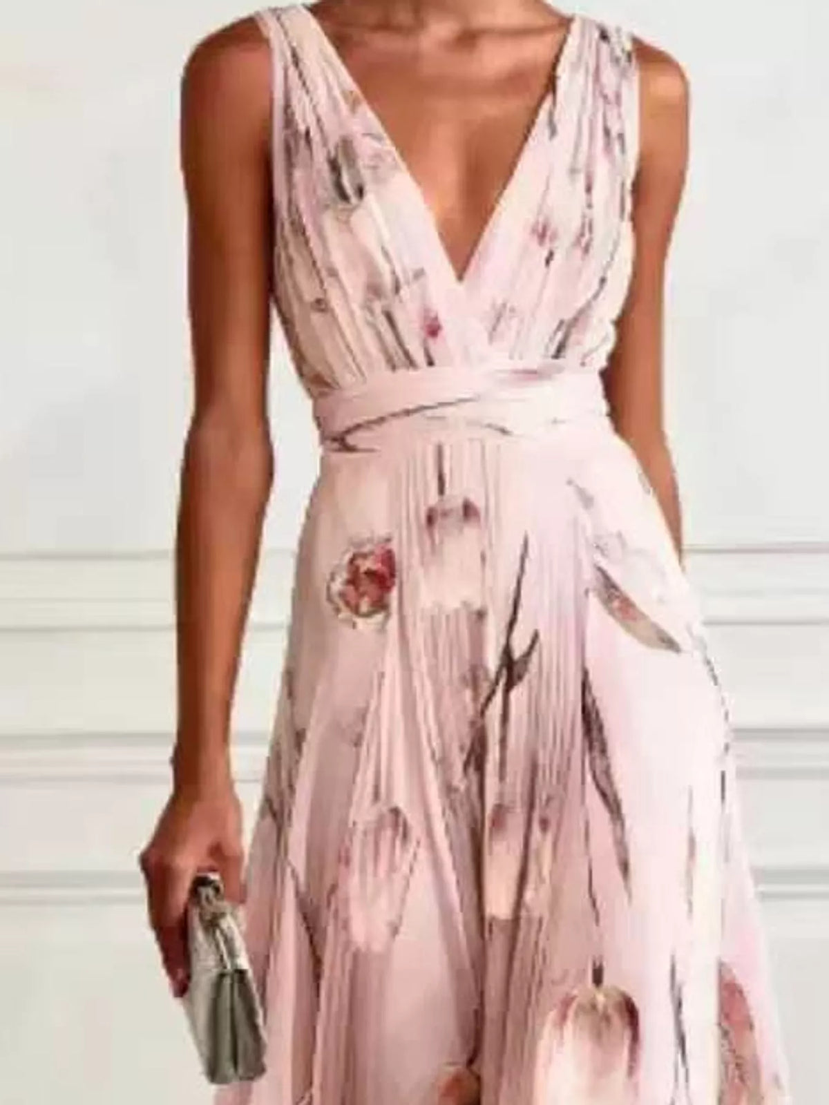 Women's Sleeveless Floral Print Maxi Dress in pink floral — bodice detail view