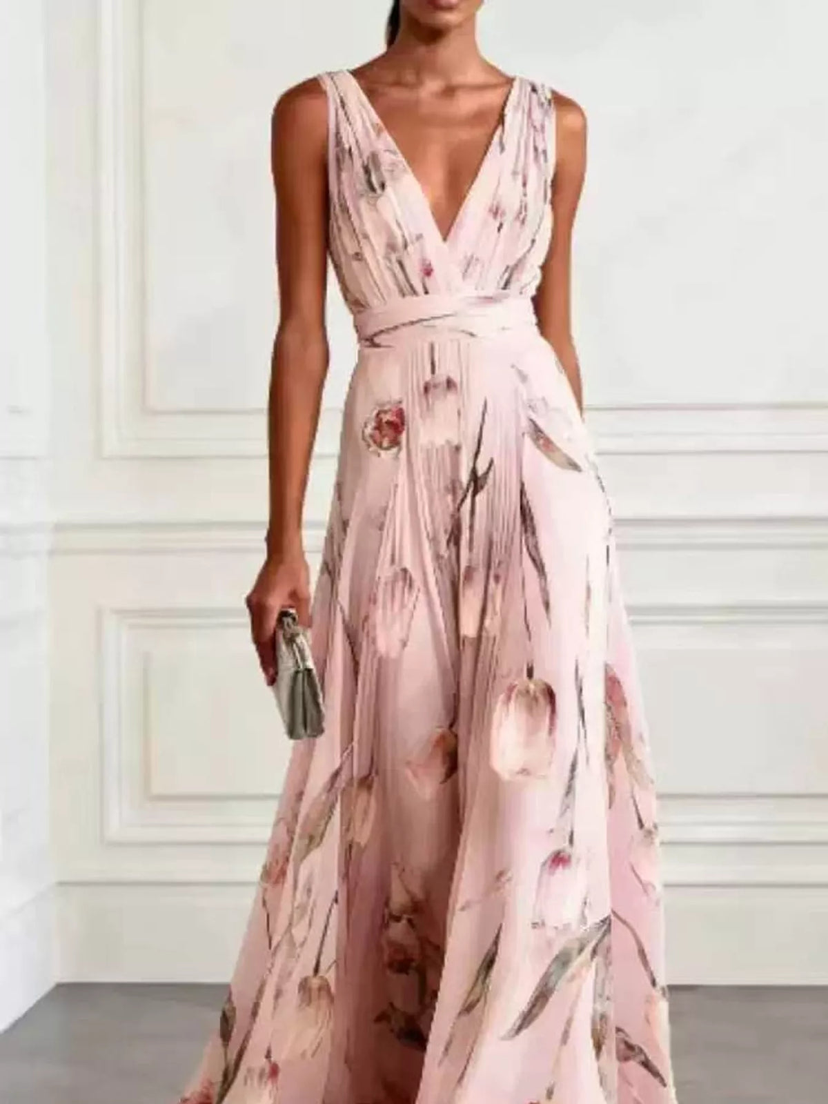 Women's Sleeveless Floral Print Maxi Dress in pink floral — front view