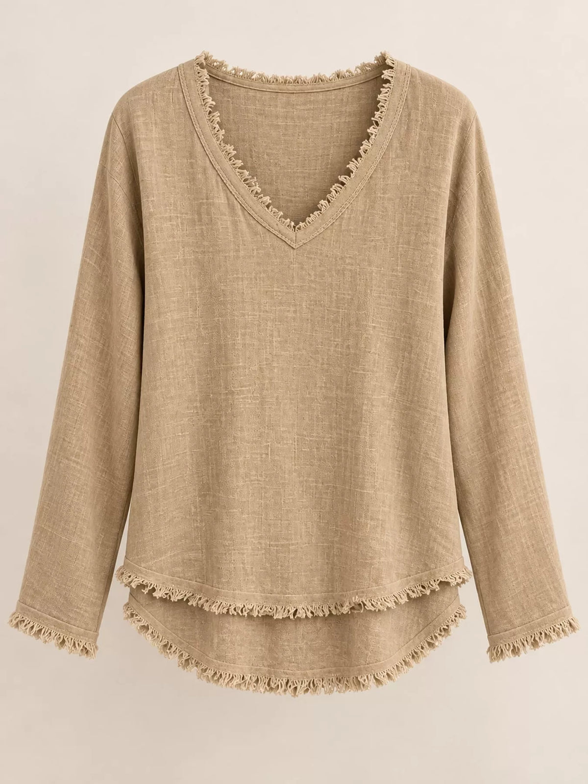 Frayed-hem blouse, tan hanging front
