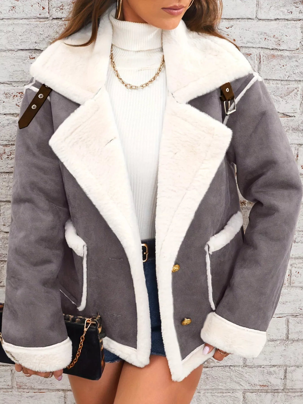 Gray plush-lined button-front jacket — front view
