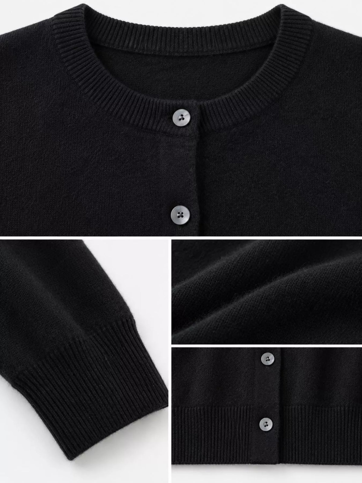 Black crew neck button-front cardigan, knit and button details