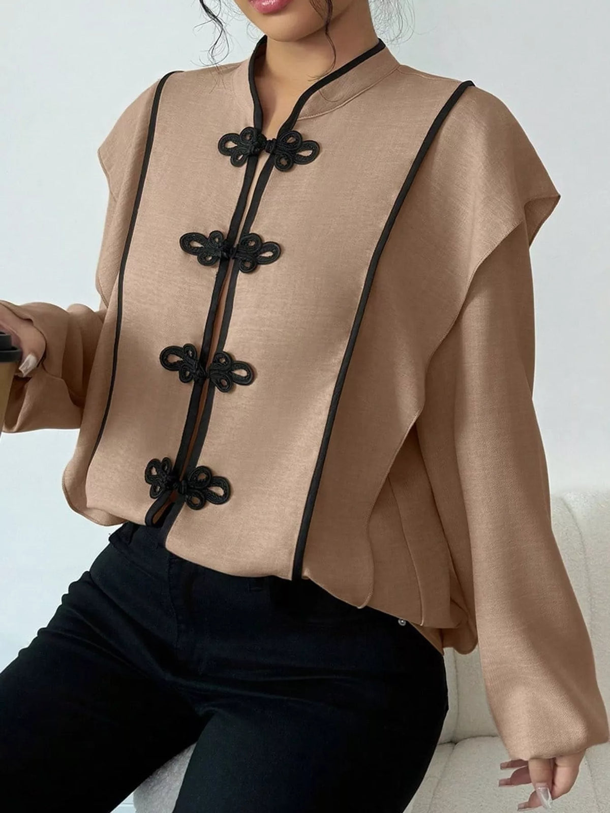 Brown chinese-style mandarin collar blouse