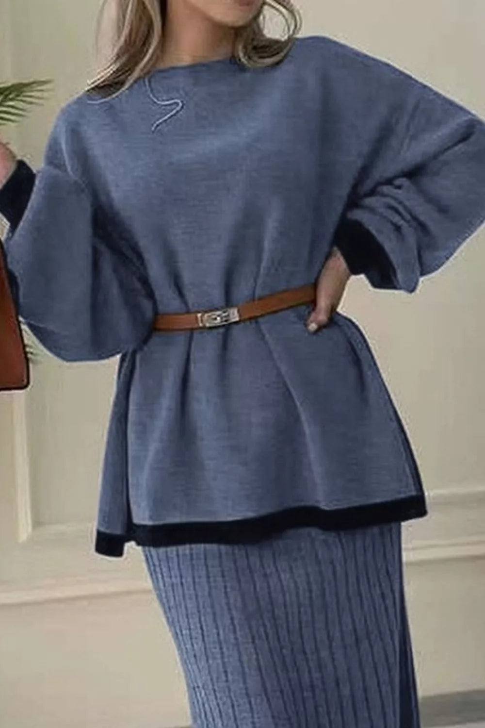 Trendsi Contrast Trim Ribbed Knit Sweater and Skirt Set -