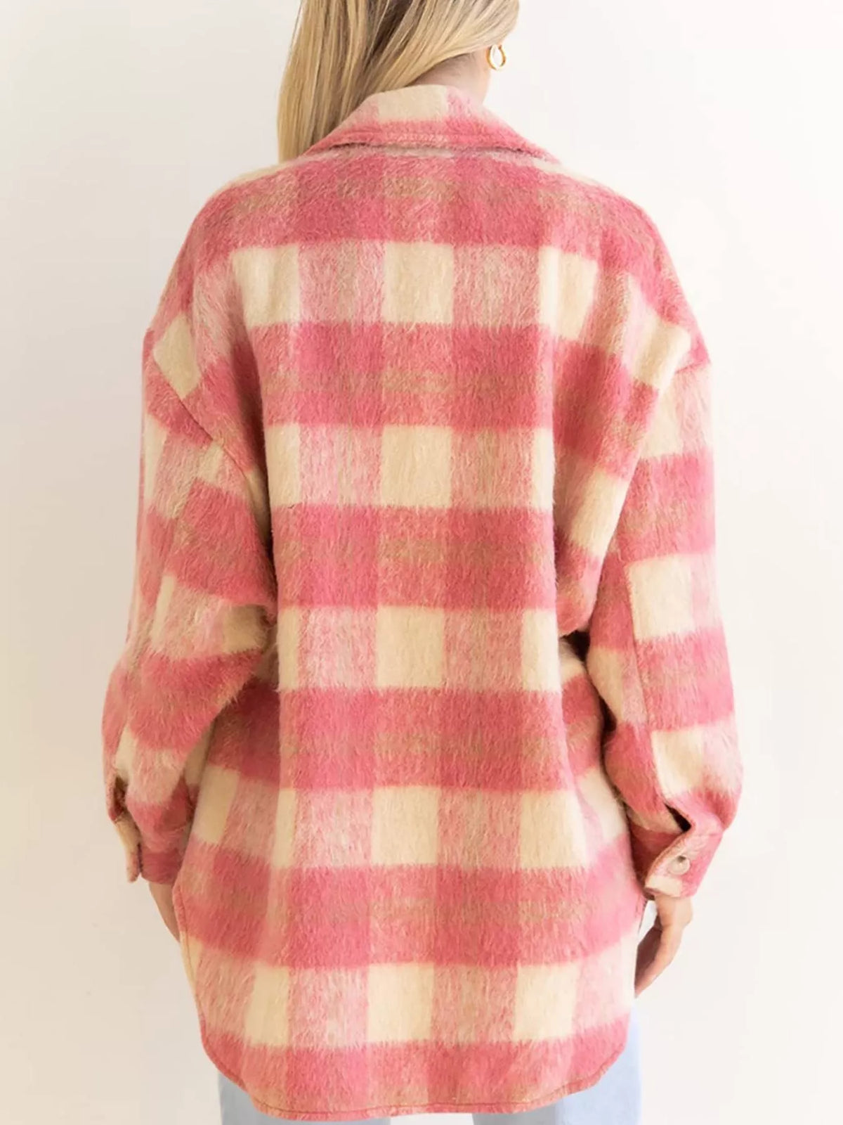 Pink and cream plaid button down jacket, back view
