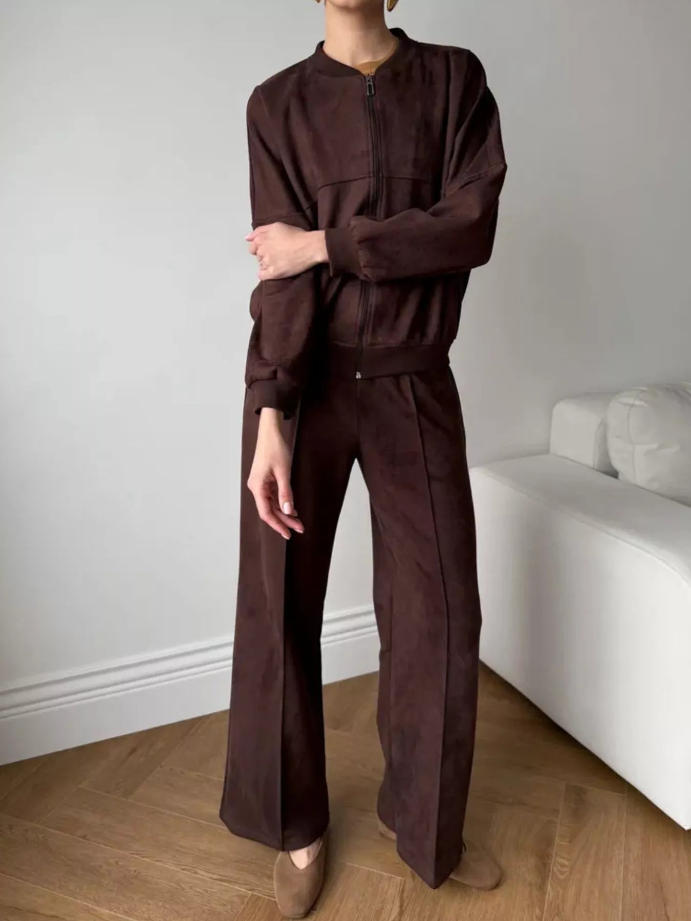 Trendsi Zip Up Sweatshirt and Wide-Leg Pants Set -