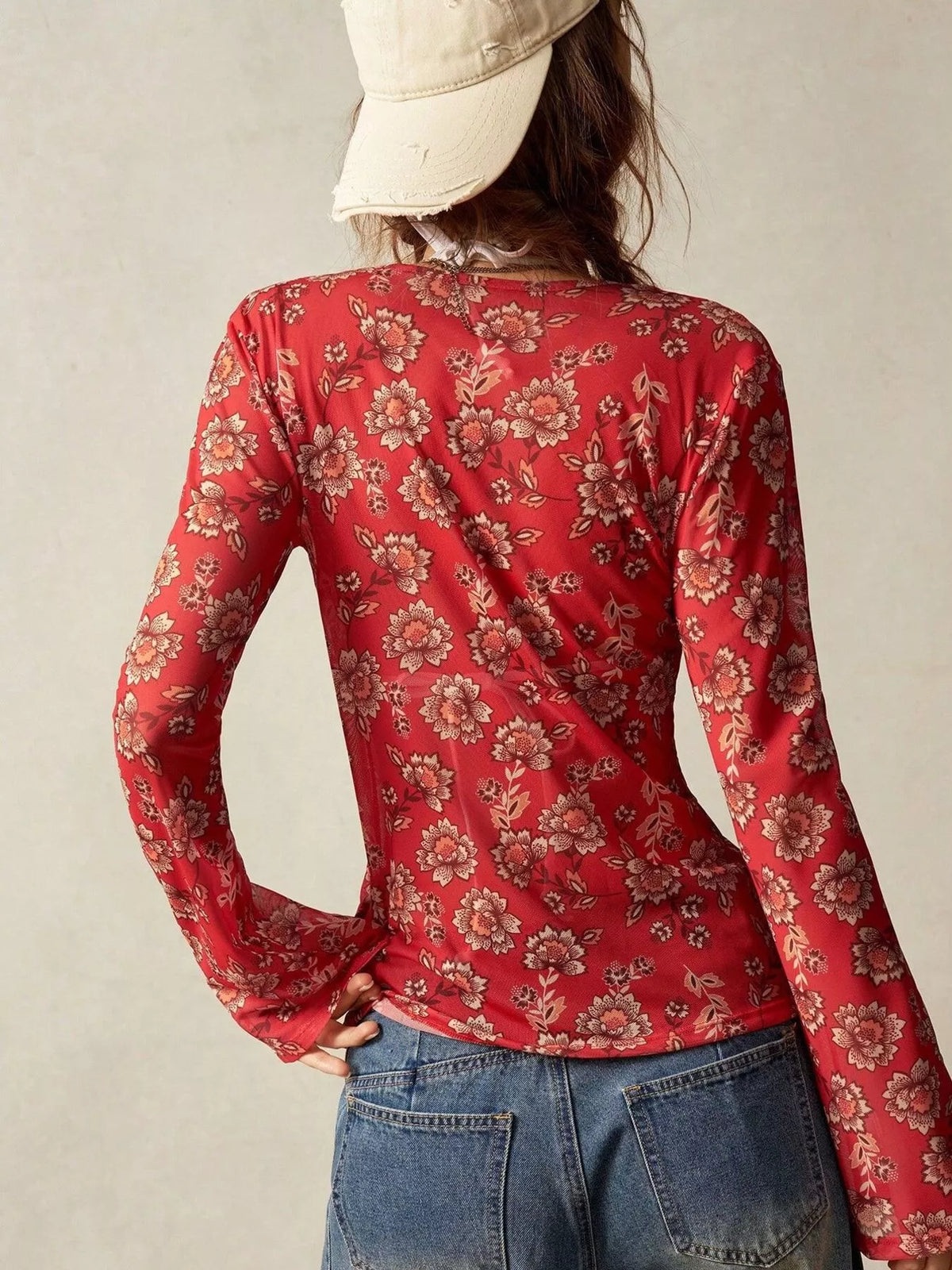 Women's Printed Flare Sleeve Button Down Top in Scarlet, alternate view