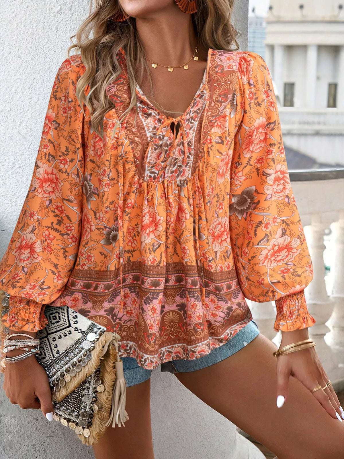 Trendsi Floral Print Tie-Neck Blouse with Smocked Cuffs -