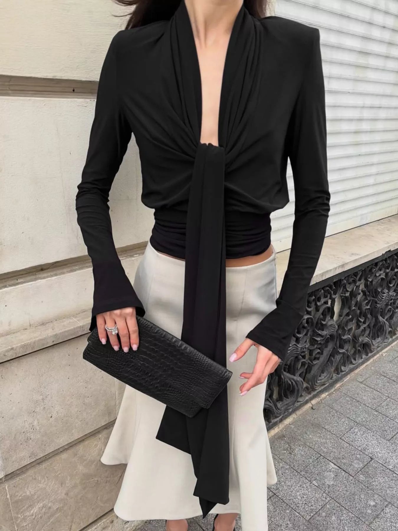 Trendsi Front Tie Detail Flare Sleeve Blouse -