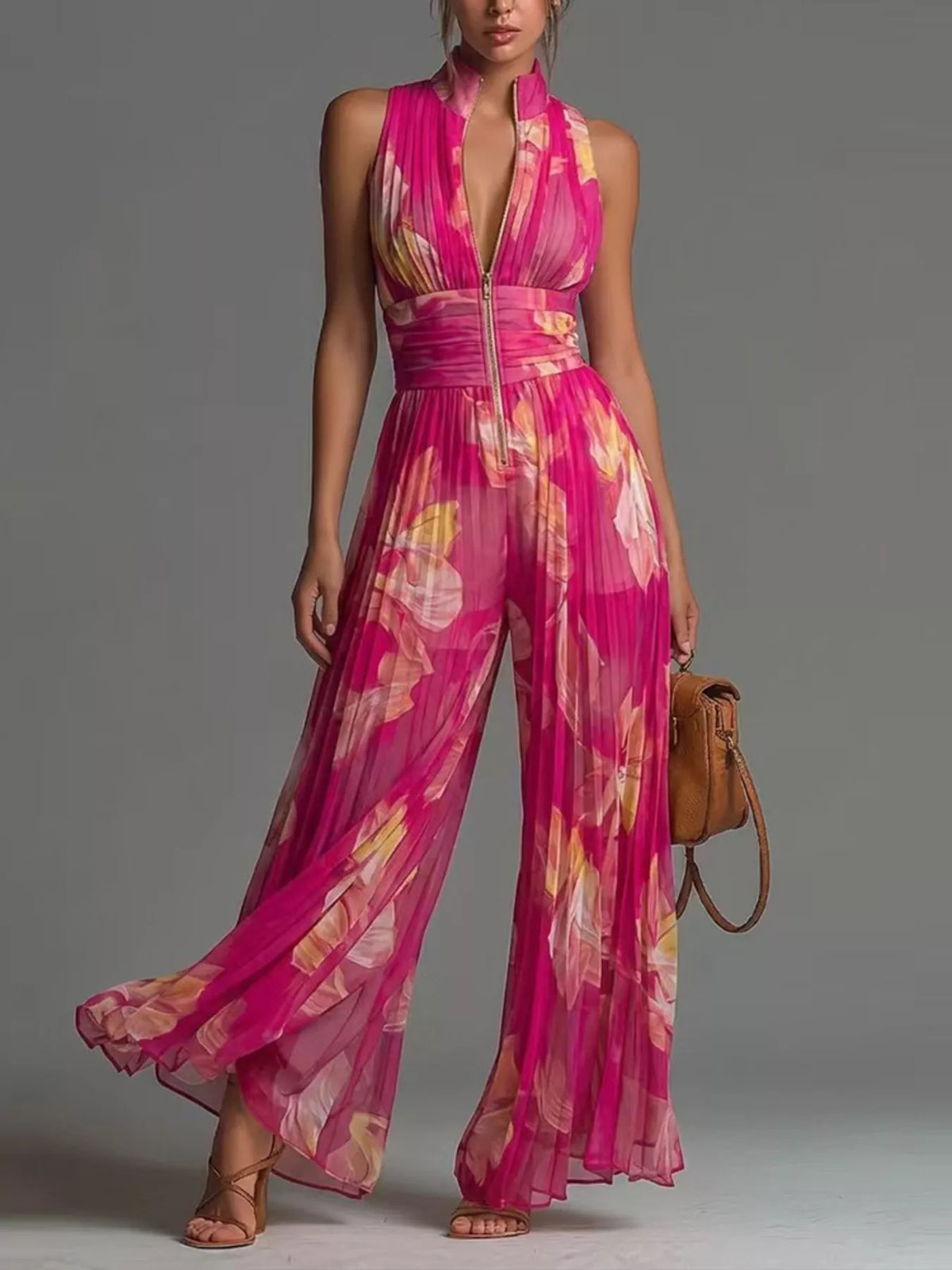 Trendsi Sleeveless Pleated Wide-Leg Jumpsuit with Front Zipper -