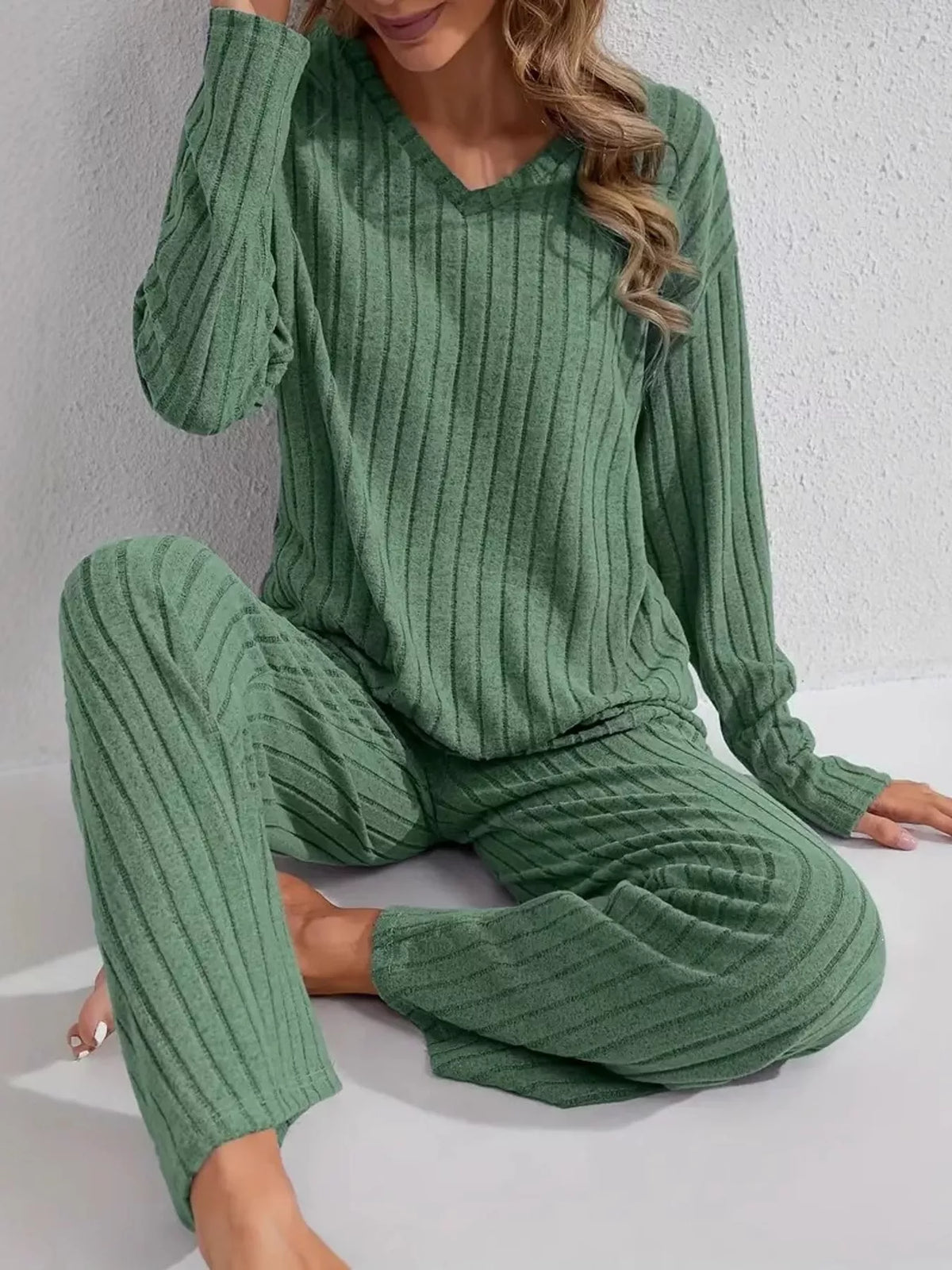 Ribbed Knit V-Neck Top and Pants Lounge Set in green