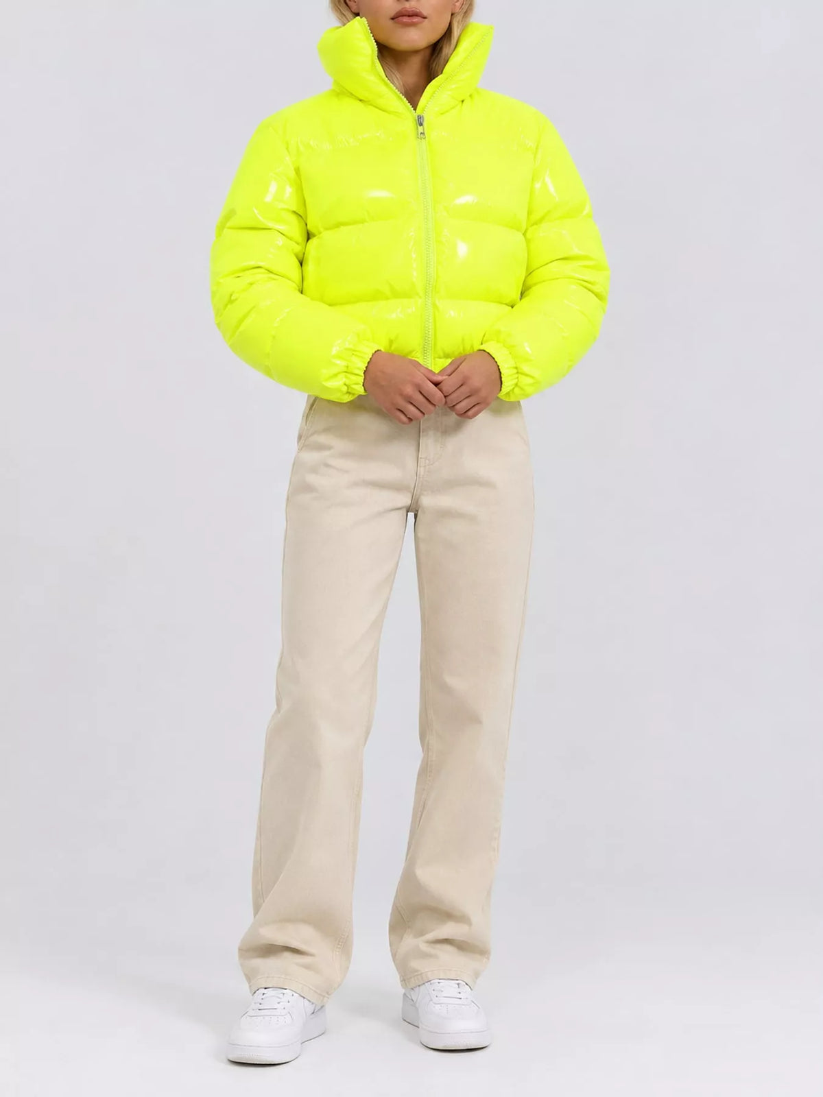 Glossy Stand-Collar Zip-Up Puffer Jacket — front view