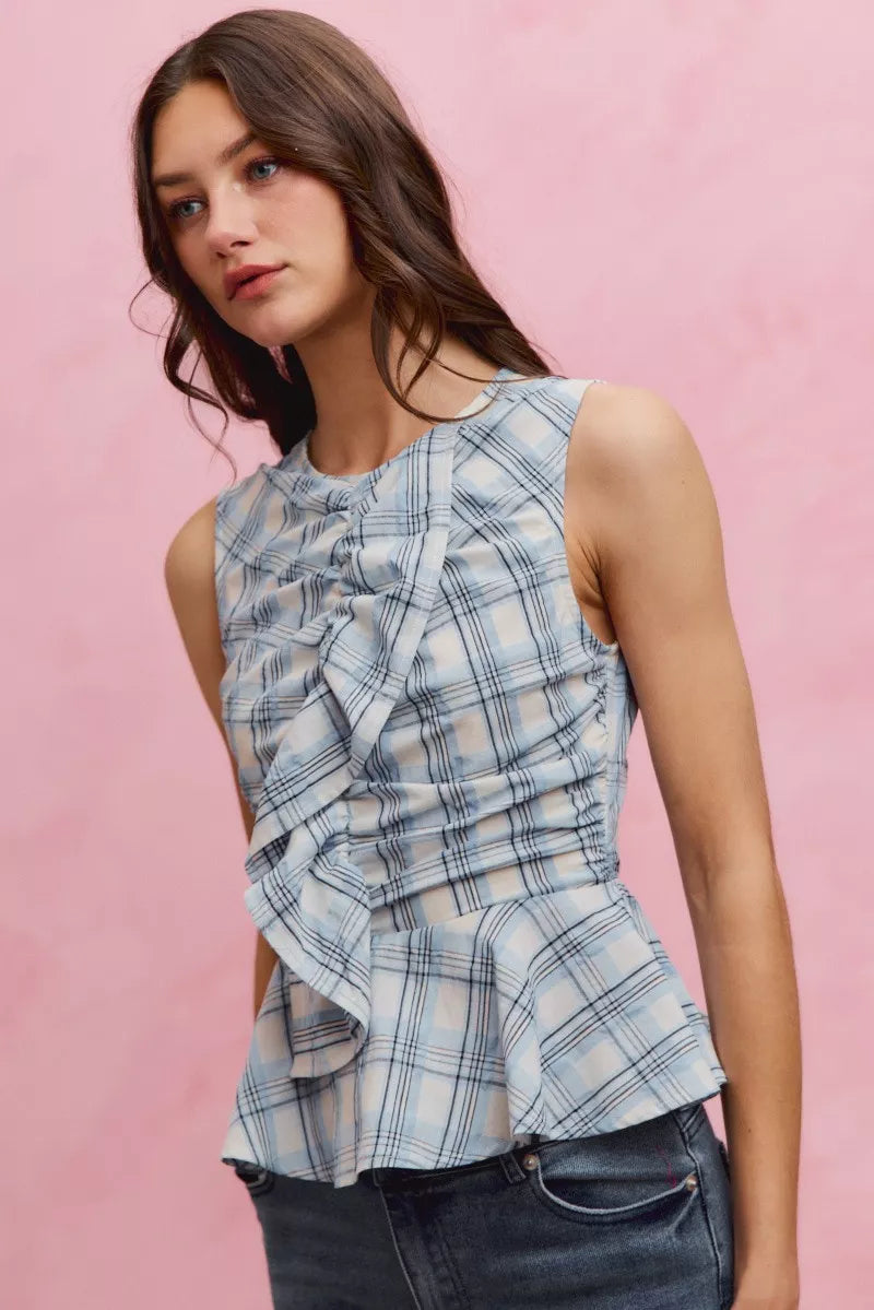 Women's Plaid Sleeveless Ruffle Peplum Top Blue And White Cotton — product view 12