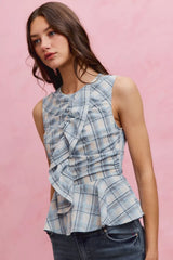 Trendsi SO ME Plaid Sleeveless Ruffle Peplum Top -
